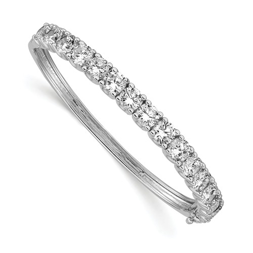 Diamond Essence Hinged Bangle Bracelet in Prong Settings. 15.0 Cts..t.w. in Platinum Plated Sterling Silver. Shine your Holidays with this beautiful piece.