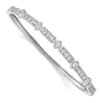 A prong set hinged bangle bracelet for women with lab-made 25 round brilliant diamonds by Diamond Essence set in platinum plated sterling silver