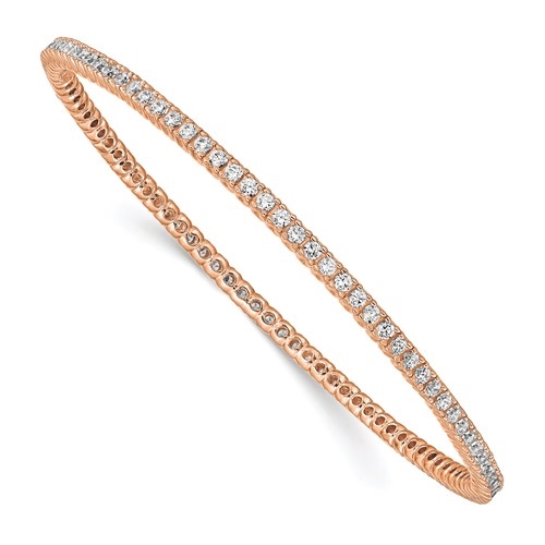 An alluring prong-set slip-on bangle bracelet for women with simulated round brilliant Diamonds by Diamond Essence set in rose  plated sterling silver. 4.65 Cts.t.w.