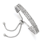 A majestic looking designer adjustable bracelet in a prong setting with three rows of artificial round brilliant Diamonds by Diamond Essence set in platinum plated sterling silver. Total 205 stones