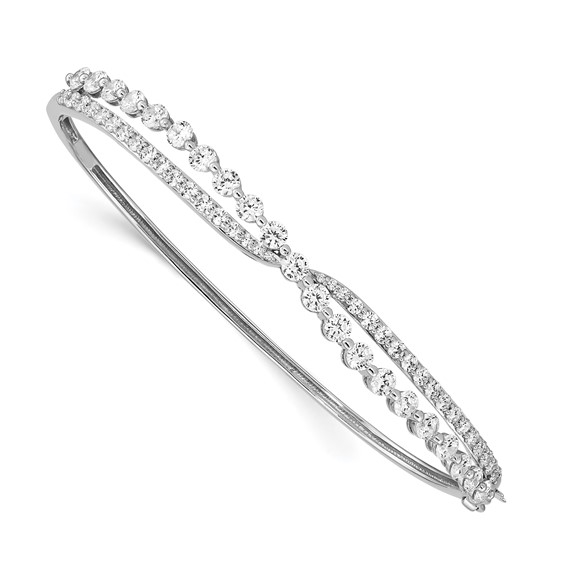 Beautiful designer hinged bracelet for ladies, in the criss-cross setting of round brilliant Diamond Essence stones, 2.75 cts.t.w. in platinum plated sterling silver. It will be highly noticed on your wrist for its beautiful shine and craftmanship.