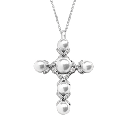 Cross Pendant with Diamond Essence Marquise and Round Melee, set around Pearls, in Platinum Plated Sterling Silver. Chain included.