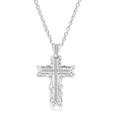 Cross Pendant in Platinum Plated Sterling Silver with Round Diamond Essence, 2.0 Cts. T.W.