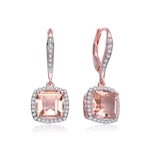 Diamond Essence Drop Lever Back Earrings With Cushion Cut Morganite Escorted By Melee And Melee On The Bail Enhance the Beauty, 5 Cts.T.W. In Rose Plating Over Sterling Silver.