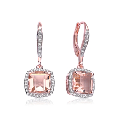 Diamond Essence Drop Lever Back Earrings With Cushion Cut Morganite Escorted By Melee And Melee On The Bail Enhance the Beauty, 5 Cts.T.W. In Rose Plating Over Sterling Silver.