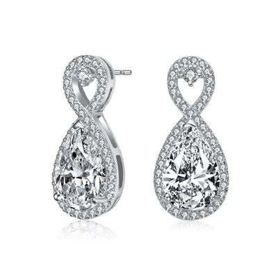 Diamond Essence Designer Infinite Earrings With Pear Essence And Brilliant Melee, 6.0 Cts.T.W.in Platinum Plated Sterling Silver. 9mm W x 20mm L.