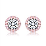 Diamond Essence Stud Earrings With 2 Cts. Round Brilliant Center Surrounded By Melee,4.50Cts.T.W. In Rose Plated Sterling Silver.