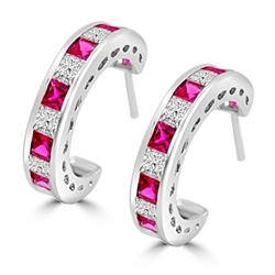 Beautiful hoop earrings in Platinum Plated Sterling Silver, with alternate Ruby Essence and Diamond Essence Princess cut stones, 0.20 cts. each set channel set. 5.6 cts.t.w.