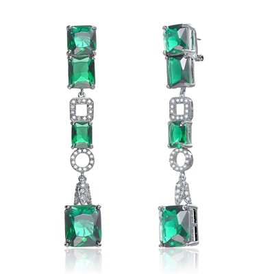 Stand Out - Designer Earrings with Princess cut and Emerald cut Emerald Essence set in four prongs with Melee set artistic designs in between which adds more sparkles and makes it outstanding, 27.0 Cts.T.W. set in Platinum Plated Sterling Silver.