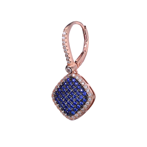 Diamond Essence Leverback earrings with Sapphire Essence melee in pave setting, outlined with Diamond Essence melee, 1.5 Cts.T.W in Rose Plated Sterling Silver.