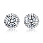 Diamond Essence Halo Setting Platinum Plated Sterling Silver Earrings, with 1 Ct. each Round Brilliant Center surrounded by Brilliant Melee, 2.25 Cts.T.W.