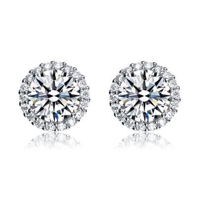 Diamond Essence Halo Setting Platinum Plated Sterling Silver Earrings, with 1 Ct. each Round Brilliant Center surrounded by Brilliant Melee, 2.25 Cts.T.W.