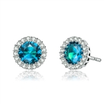 Diamond Essence Halo Setting Platinum Plated Sterling Silver Earrings, with 1 Ct. each Blue Topaz Essence surrounded  by Brilliant Melee, 2.25 Cts.T.W.