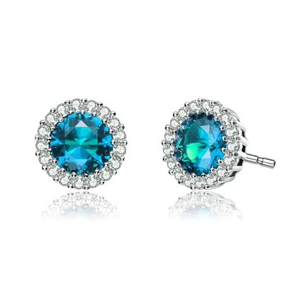 Diamond Essence Halo Setting Platinum Plated Sterling Silver Earrings, with 1 Ct. each Blue Topaz Essence surrounded  by Brilliant Melee, 2.25 Cts.T.W.