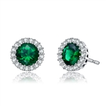 Diamond Essence Halo Setting Platinum Plated Sterling Silver Earrings, with 1 Ct. each Emerald Essence surrounded  by Brilliant Melee, 2.25 Cts.T.W.