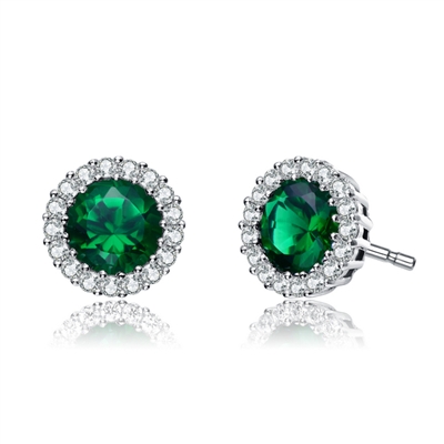 Diamond Essence Halo Setting Platinum Plated Sterling Silver Earrings, with 1 Ct. each Emerald Essence surrounded  by Brilliant Melee, 2.25 Cts.T.W.