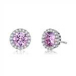 Diamond Essence Halo Setting Platinum Plated Sterling Silver Earrings, with 1 Ct. each Pink Essence surrounded  by Brilliant Melee, 2.25 Cts.T.W.