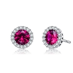 Diamond Essence Halo Setting Platinum Plated Sterling Silver Earrings, with 1 Ct. each Ruby Essence surrounded  by Brilliant Melee, 2.25 Cts.T.W.