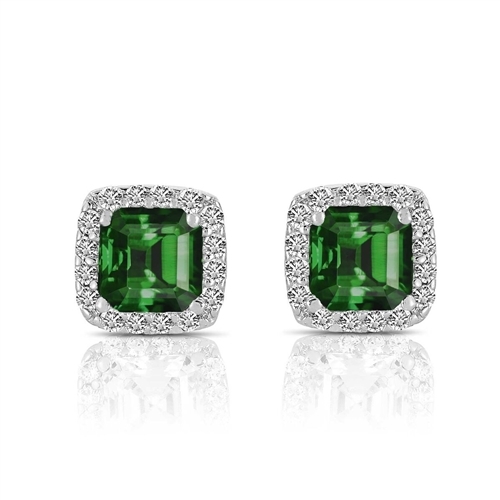 Designer Stud Earrings. One carat emerald Essence Asscher cut stone in four prongs setting and surrounded by Diamond Essence melee. 3.0 cts.t.w. in Platinum Plated Sterling Silver.