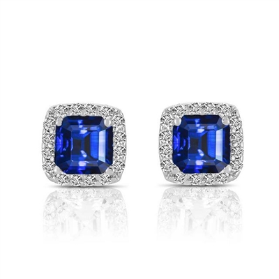 Designer Stud Earrings. One carat Sapphire Essence Asscher cut stone in four prongs setting and surrounded by Diamond Essence melee. 3.0 cts.t.w. in Platinum Plated Sterling Silver.