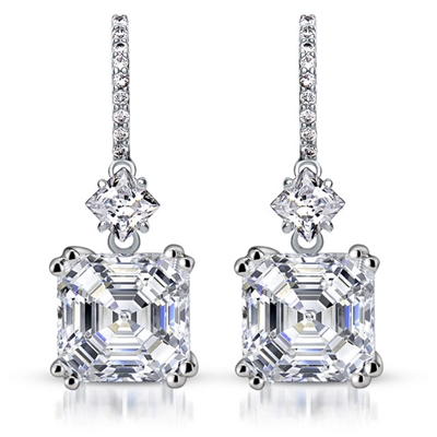 Diamond Essence Drop Earrings With Asscher Cut Stone,7 Cts.T.W. in Platinum Plated Sterling Silver.