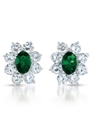 Prong Set Floral Studs with Simulated Oval Cut Emerald and Brilliant Melee Diamonds by Diamond Essence set in Sterling Silver