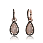 Beautiful Drop Earrings. Diamond Essence Round brilliant melee set in pear shape setting and outlined with Onyx Essence melee. Hanging through a round bail, inserted in small hoop of onyx melee. 3.5 cts.t.w. in Rose Plated Sterling Silver.