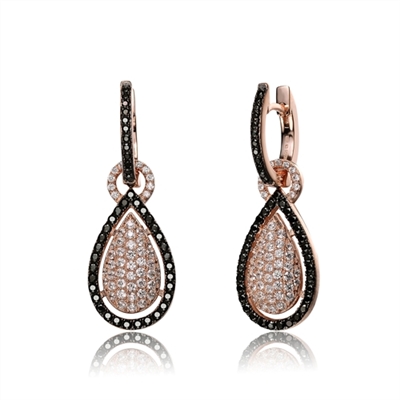 Beautiful Drop Earrings. Diamond Essence Round brilliant melee set in pear shape setting and outlined with Onyx Essence melee. Hanging through a round bail, inserted in small hoop of onyx melee. 3.5 cts.t.w. in Rose Plated Sterling Silver.