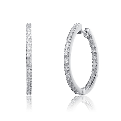 IN AND OUT . 2 '' Extra large hoop earrings, Diamond Essence round melee set  in Platinum Plated Sterling Silver. 5.0 cts.t.w.