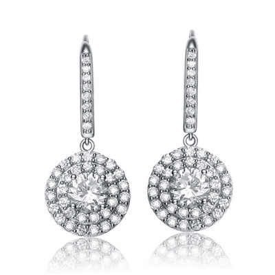 Beautiful Leverback earrings, 1.25 Ct. Diamond Essence in four prongs settings, surrounded by round melee. Appx. 4.50 Cts. T.W. set in Platinum Plated Sterling silver.