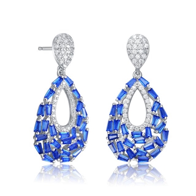 Diamond Essence Pear Drop Earring With Sapphire Baguettes And Round Melee, 2.5 Cts.T.W. in Platinum Plated Sterling Silver.
29mm L x 14mm W