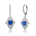 Diamond Essence leverback earrings, 0.50 carat each, sapphire princess cut stone surrounded by melee and melee on leverback also for additional sparkle. 1.20 cts. t.w. in Platinum Plated Sterling Silver.