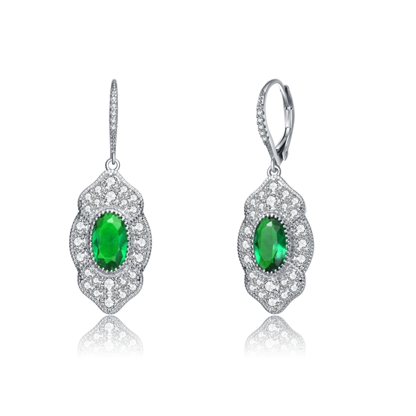 Diamond Essence leverback earrings, 3 carat each, emerald oval cut stone surrounded by melee.  5.0 cts. t.w. in Platinum Plated Sterling Silver.