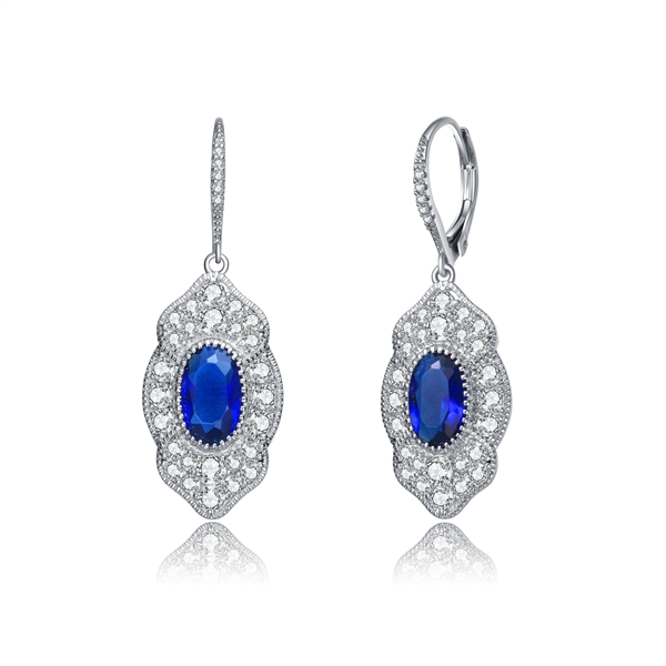Diamond Essence leverback earrings, 3 carat each, sapphire oval cut stone surrounded by melee.  5.0 cts. t.w. in Platinum Plated Sterling Silver.