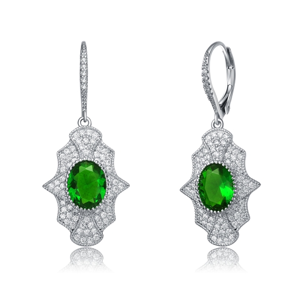 Diamond Essence leverback earrings, 2 carat each, emerald oval cut stone surrounded by melee.  4.5 cts. t.w. in Platinum Plated Sterling Silver.