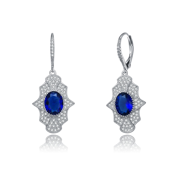 Diamond Essence leverback earrings, 2 carat each, sapphire oval cut stone surrounded by melee.  4.5 cts. t.w. in Platinum Plated Sterling Silver.
