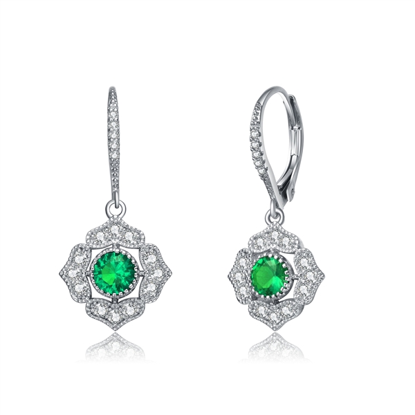 Diamond Essence leverback earrings, 0.5 carat each, round emerald stone surrounded by melee.  1.5 cts. t.w. in Platinum Plated Sterling Silver.