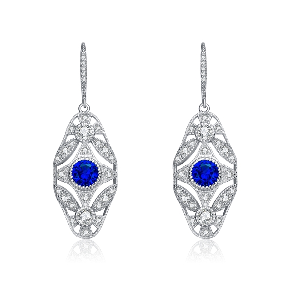 Diamond Essence leverback earrings, round sapphire stone surrounded by melee. 3.5 cts. t.w. in Platinum Plated Sterling Silver.