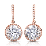 Designer Drop Earring. Diamond Essence round brilliant 4.0 carat stone set in four prongs and surrounded by melee. Hanging from bar set with melee. 10.0 cts.t.w. in Rose Plated Sterling Silver.