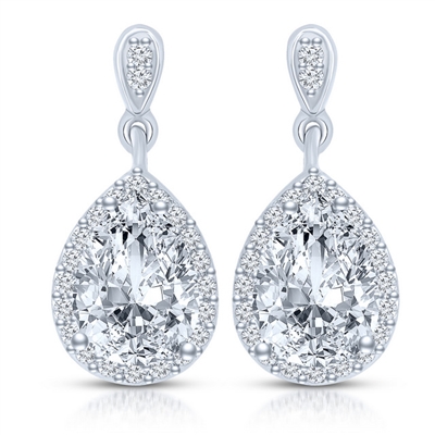 Prong Set Drop Earrings with Artificial Pear Diamond Surrounded by Brilliant Melee by Diamond Essence set in Sterling Silver