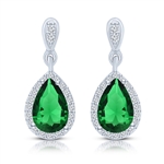 Beautiful drop earring, showing off  2.0 carat Emerald Essence Pear cut stone, each surrounded by Diamond Essence melee. 4.20 cts.t.w. set in Platinum Plated Sterling Silver.