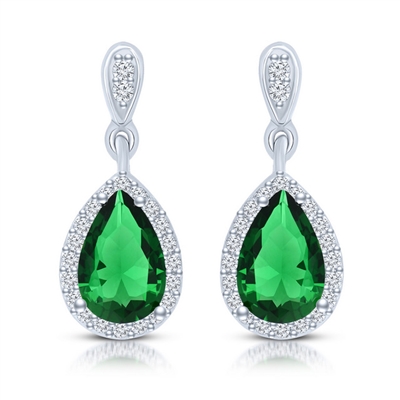 Beautiful drop earring, showing off  2.0 carat Emerald Essence Pear cut stone, each surrounded by Diamond Essence melee. 4.20 cts.t.w. set in Platinum Plated Sterling Silver.