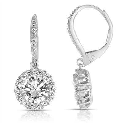 Diamond Essence leverback earrings, 1.5 carat each, round brilliant stone surrounded by melee. and melee on leverback also for additional sparkle. 4.0 cts. t.w. in Platinum Plated Sterling Silver.