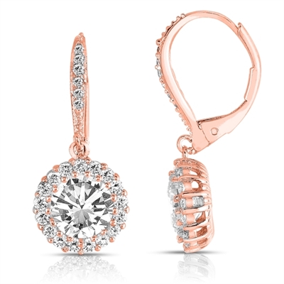 Diamond Essence leverback earrings, 1.5 carat each, round brilliant stone surrounded by melee. and melee on leverback also for additional sparkle. 4.0 cts. t.w. in Rose Plated Sterling Silver.