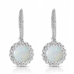 Diamond Essence Leverback Earrings With 1 Ct.Opal Stone Surrounded By Melee And Melee On the Bail,2.50 Cts.T.W. In Platinum Plated Sterling Silver.