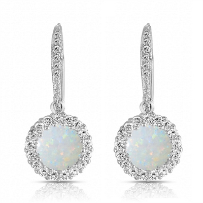 Diamond Essence Leverback Earrings With 1 Ct.Opal Stone Surrounded By Melee And Melee On the Bail,2.50 Cts.T.W. In Platinum Plated Sterling Silver.
