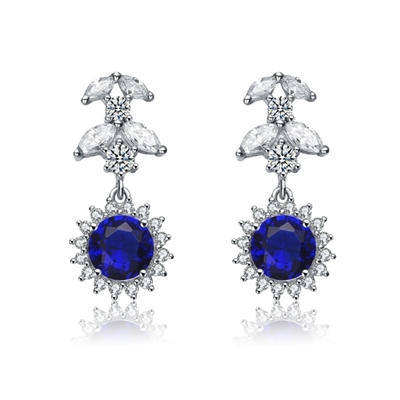 Diamond Essence Designer Drop Earrings With 1.25 Ct. Sapphire Essence Round Brilliant,Marquise Cut Stones And Melee, 5Cts.T.W. In Platinum Plated Sterling Silver.