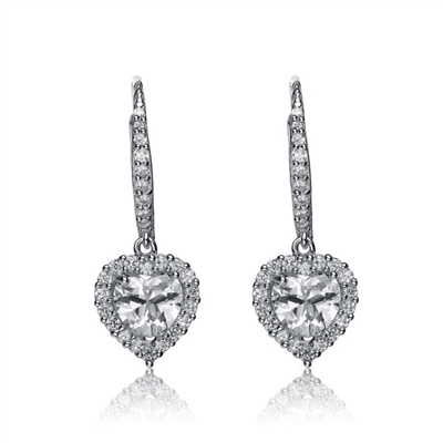 Diamond Essence leverback earrings, 1.5 carat each, Heart stone surrounded by melee. and melee on leverback also for additional sparkle. 4.0 cts. t.w. in Platinum Plated Sterling Silver.