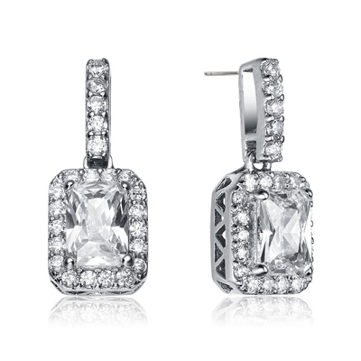 Prong Set Drop Earrings with Simulated Emerald Cut Center surrounded by Round Brilliant Melee Diamonds by Diamond Essence set in Sterling Silver