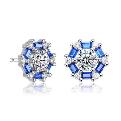 Diamond Essence Designer Studs With Round Brilliant Diamond Center And Sapphire Baguettes, 2.25 Cts.T.W in Platinum Plated Sterling Silver. 10mm W x 10mm L